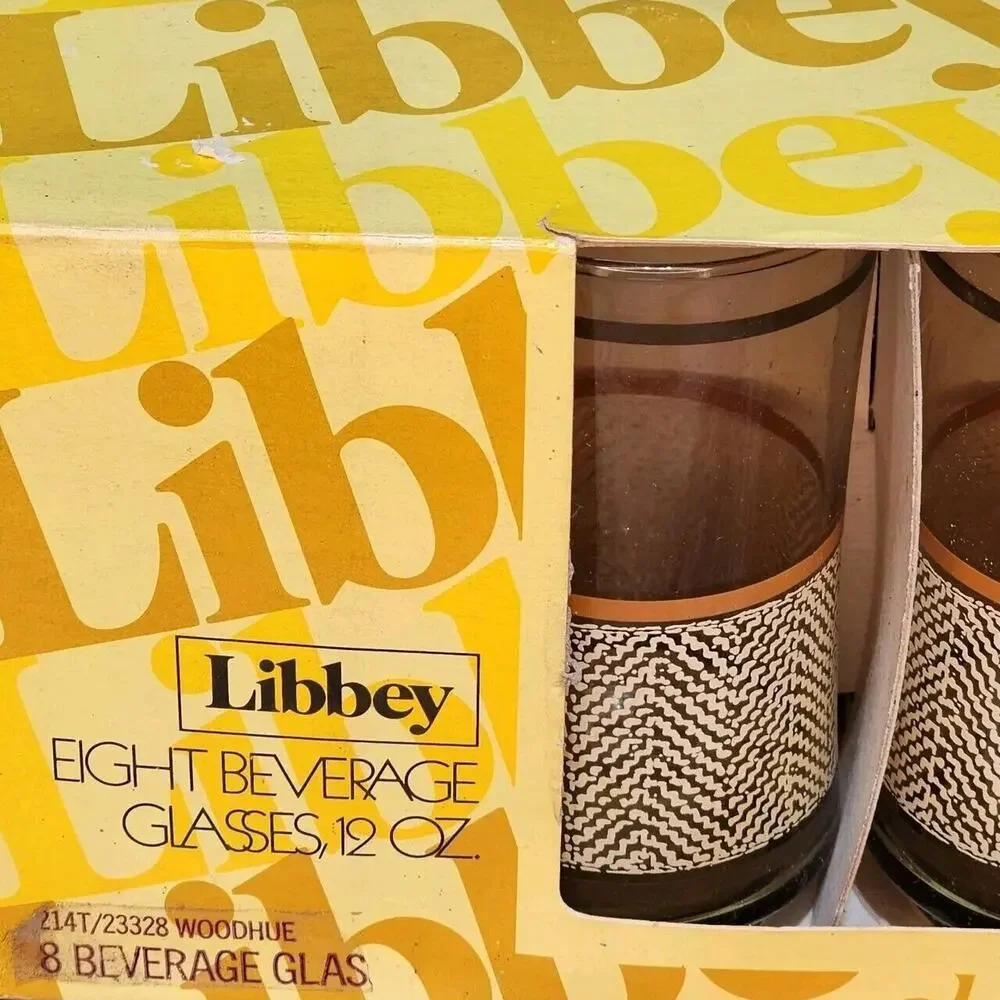 Vintage MCM Set of 8 Libbey Woodhue Tumbler Glasses 12 oz New In Box